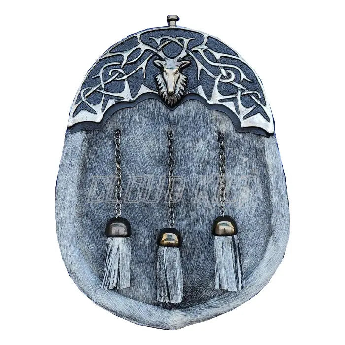 Antique Stag Head Cantle Grey Fur Leather Sporran CLOUD KILT