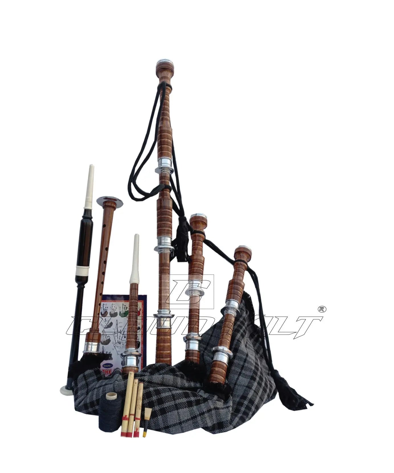 Gray Watch Tartan Bagpipe Set Brown & Silver Finish With Hard Case CLOUD KILT