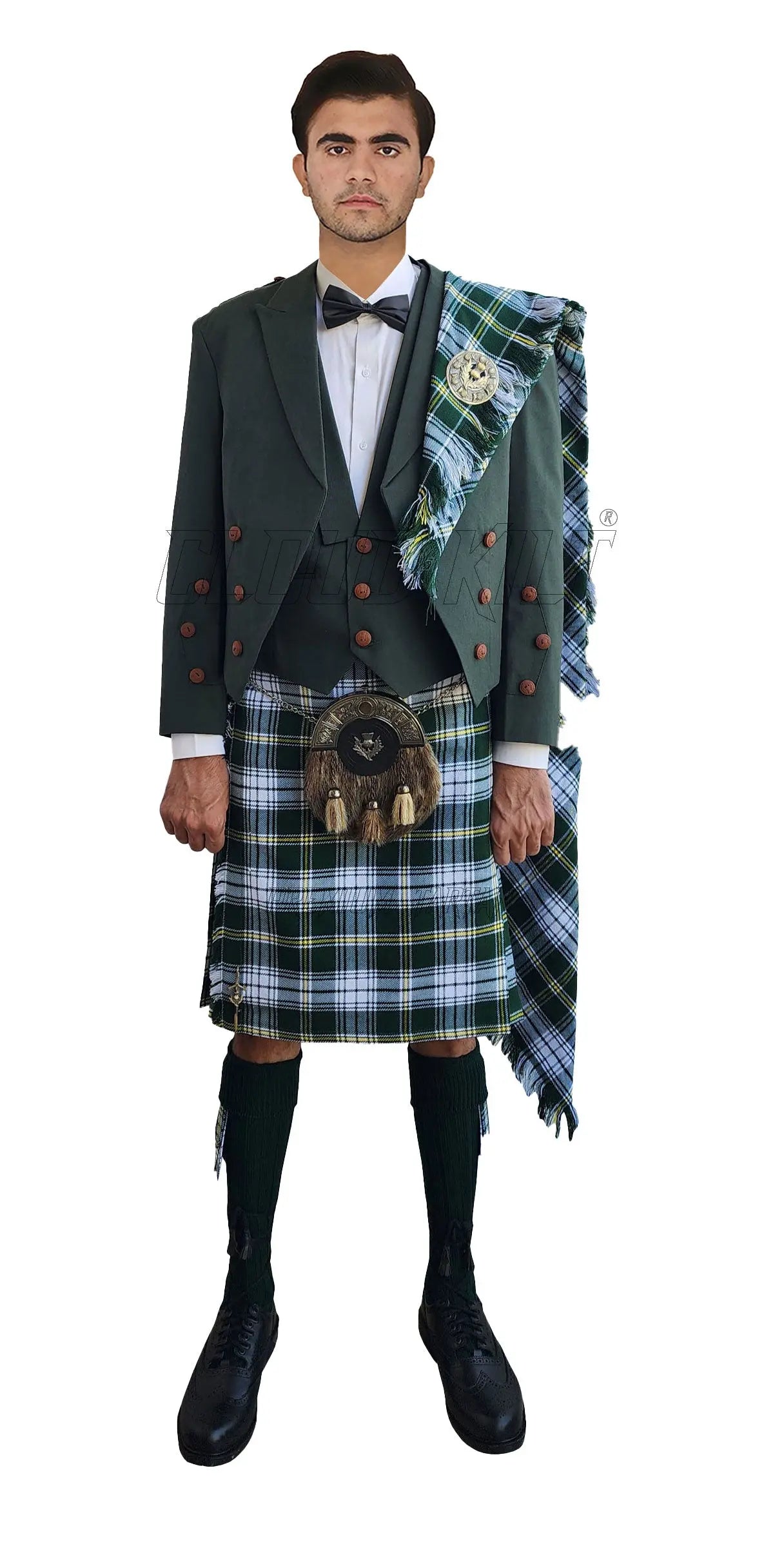 Green Prince Charlie Kilt Outfit With St Patrick Irish Tartan Kilt - CLOUD KILT Green Prince Charlie Kilt Outfit With St Patrick Irish Tartan Kilt - CLOUD KILT