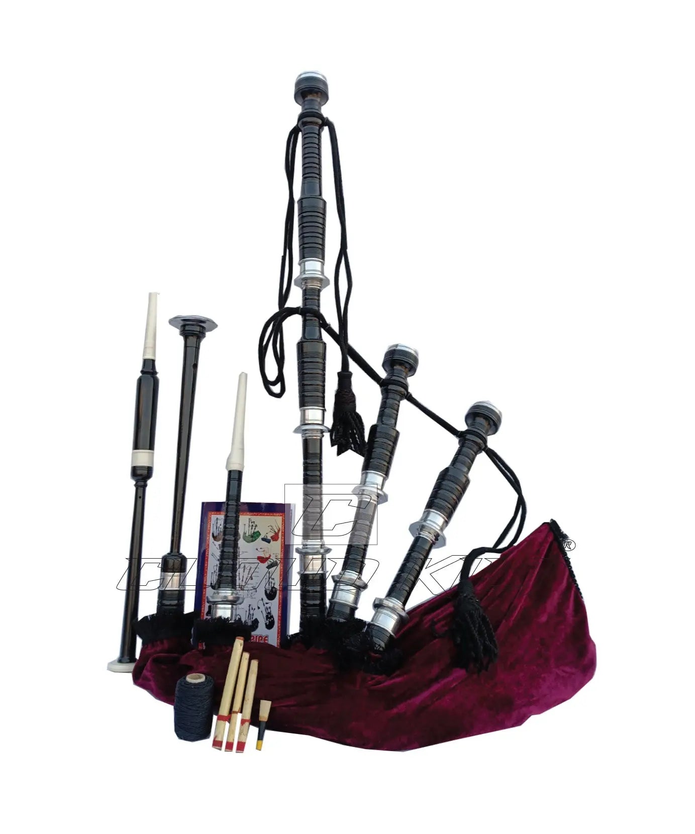 Maroon Velvet Bagpipe Set Silver & Black Finish With Hard Case CLOUD KILT
