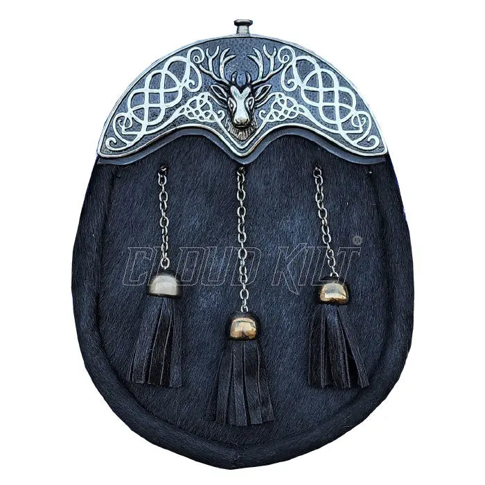 Stag Head Cantle Black Calfskin Dress Leather Sporran CLOUD KILT