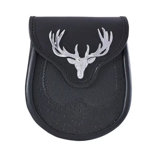 Chrome Stag Head Black Leather Sporran CLOUD KILT