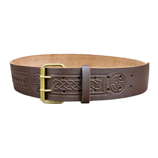 Double Prong Celtic Knot Embossed Brown Leather Kilt Belt CLOUD KILT