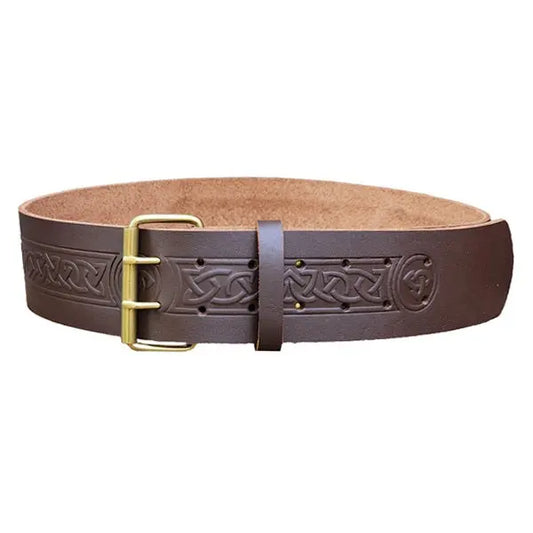 Double Prong Celtic Twist Embossed Brown Leather Kilt Belt CLOUD KILT