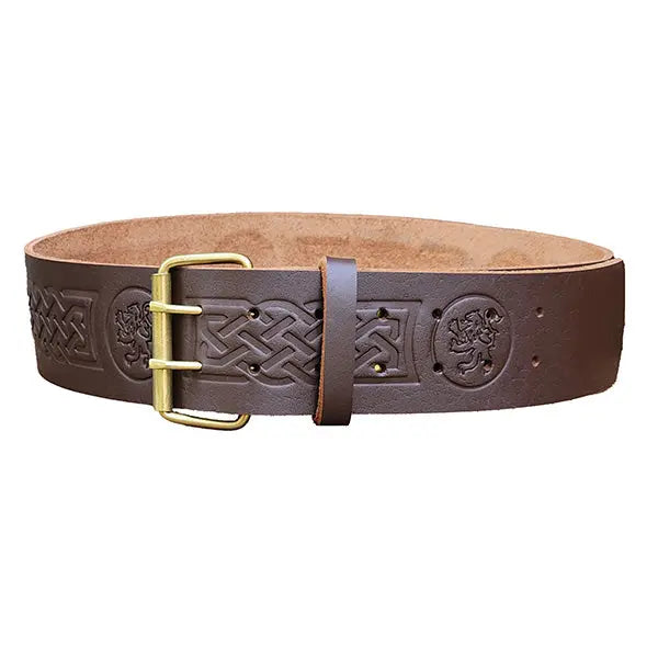 Double Prong Rampant Lion Embossed Brown Leather Kilt Belt CLOUD KILT