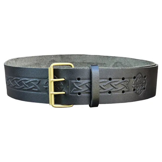 Double Prong Swirl Embossed Black Leather Kilt Belt CLOUD KILT