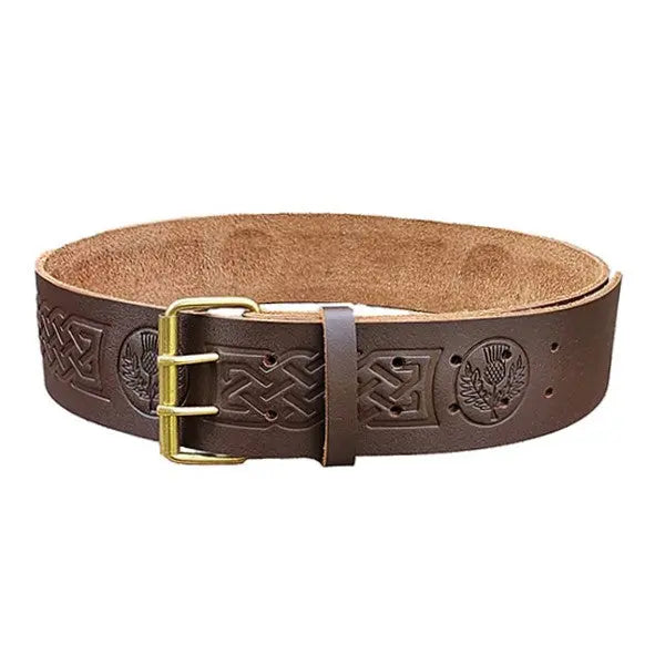 Double Prong Thistle Embossed Brown Leather Kilt Belt CLOUD KILT