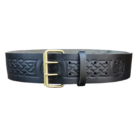 Double Prong Thistle Embossed black Leather Kilt Belt CLOUD KILT