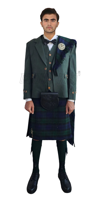 Green Argyll Kilt Outfit With Black Watch Tartan Kilt CLOUD KILT