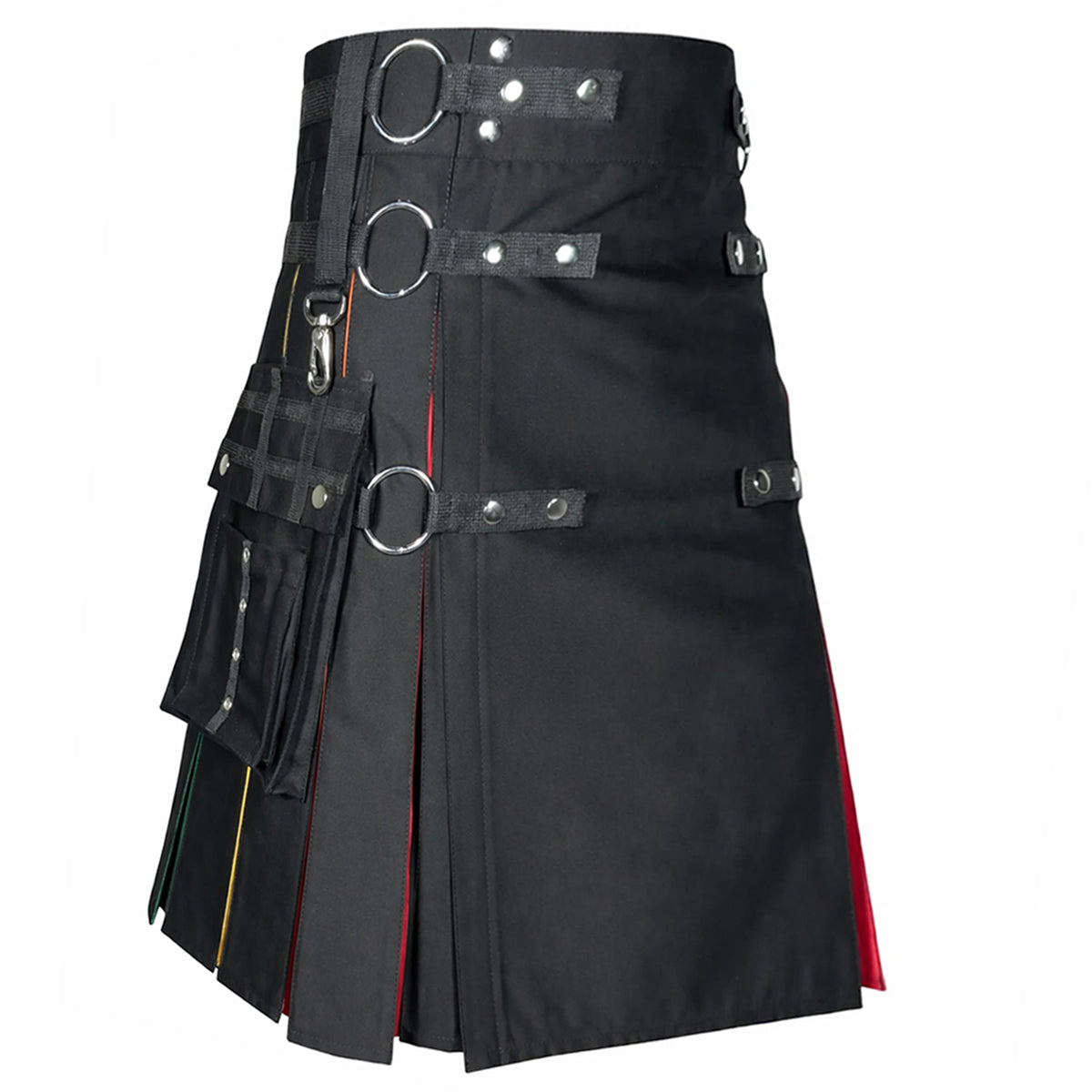 Men's Rainbow Pleated Black Utility Kilt with Cargo Pocket