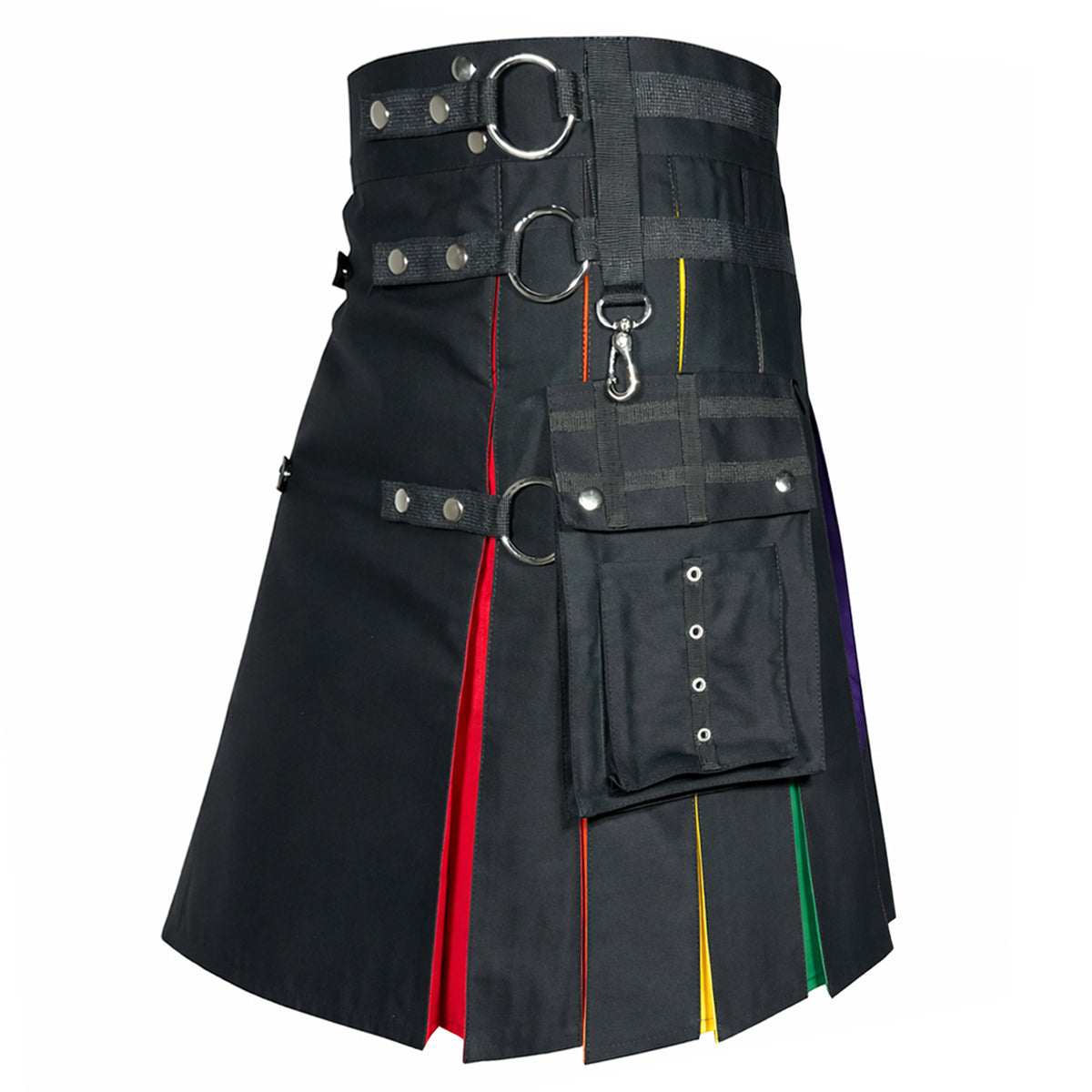 Men's Rainbow Pleated Black Utility Kilt with Cargo Pocket