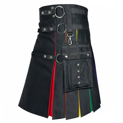 Men's Rainbow Pleated Black Utility Kilt with Cargo Pocket