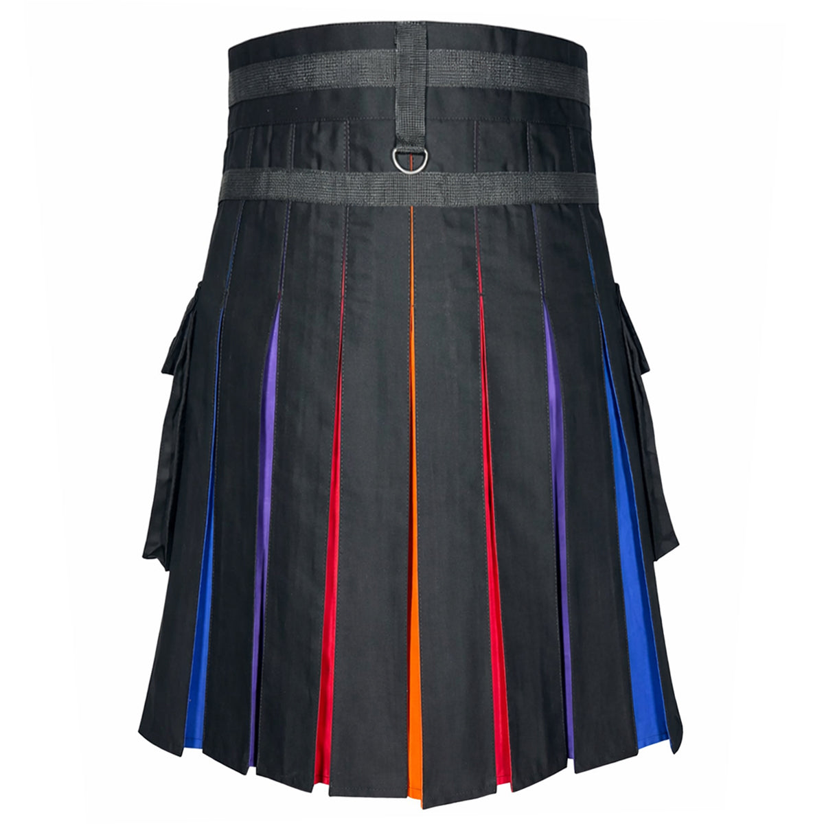 Men's Rainbow Pleated Black Utility Kilt with Cargo Pocket