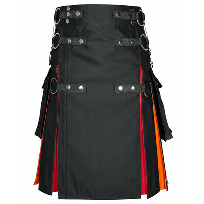 Men's Rainbow Pleated Black Utility Kilt with Cargo Pocket