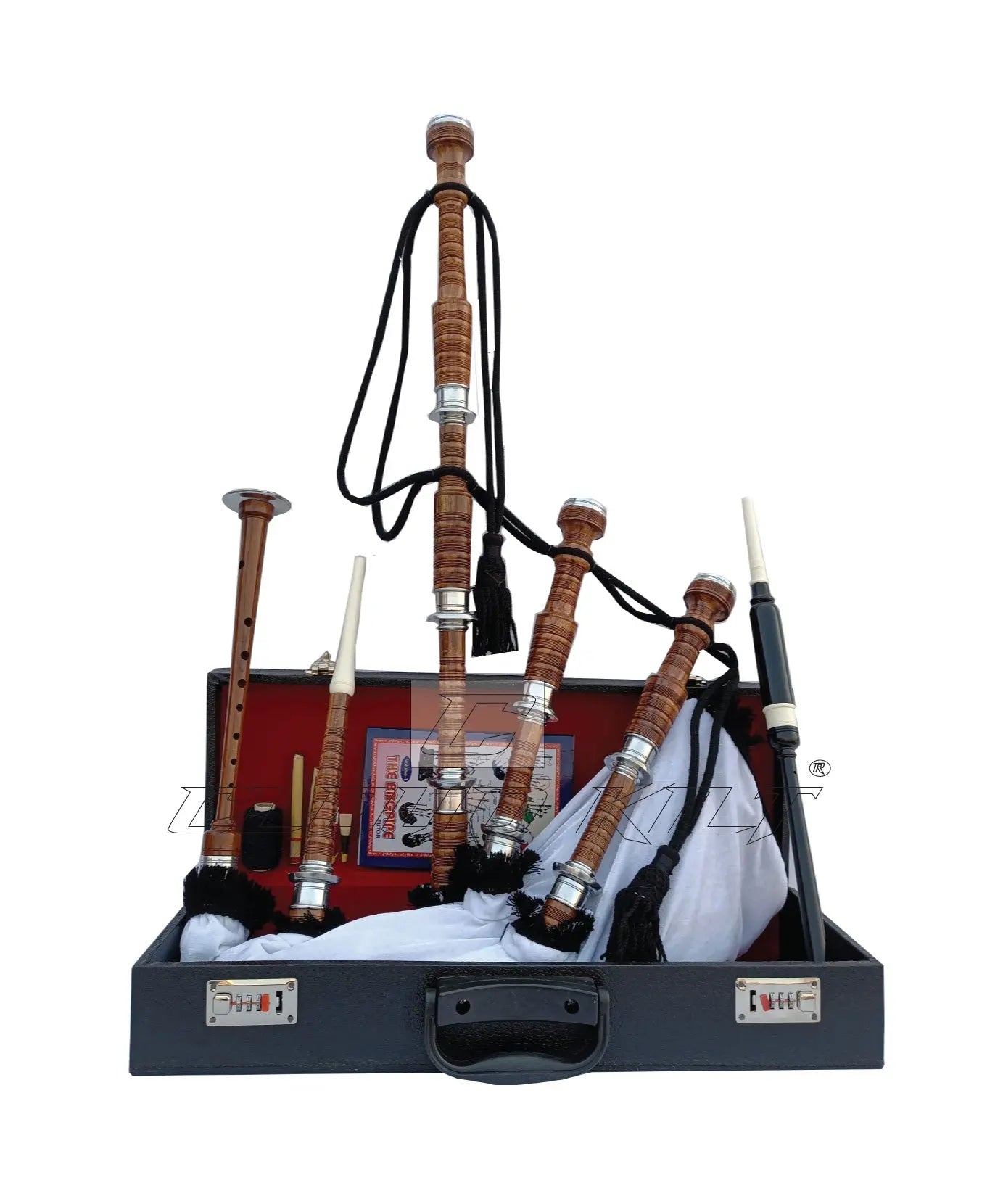 White Velvet Bagpipe Set Brown & Silver Finish With Hard Case CLOUD KILT